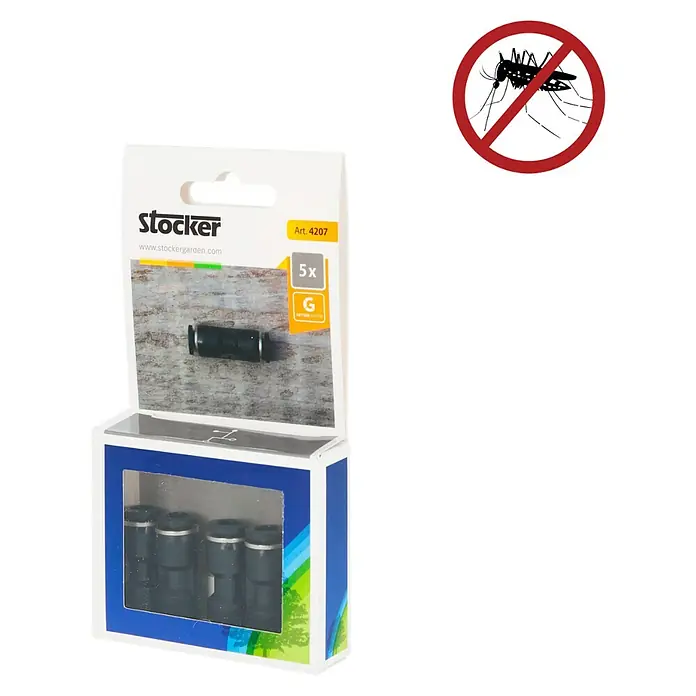 Stocker Geyser Schlauchanschluss - 5 Stk., Passend für: Stocker Geyser Nebulisator Systeme - Eine Packung Stocker Gartenverbinder, 5 Stück. Ideal für die Gartenbewässerung, mit einem Anti-Moskito-Symbol.