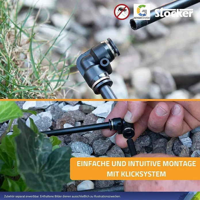 Stocker Geyser L-Stück - 5 Stk., Passend für: Stocker Geyser Nebulisator Systeme - Das Bild zeigt ein Stocker Geysersystem, ein Bewässerungssystem mit einfacher und intuitiver Klickmontage für den Garten.