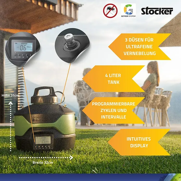 Stocker Geyser Stechmückenschutz Nebulisator - 4 l, 1 Akku - Das Stocker Geyser System, ein Vernebler mit 4-Liter-Tank, programmierbaren Zyklen und intuitivem Display, ideal für den Außenbereich.