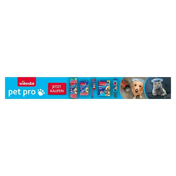 Vileda Ersatz-Bezug Style Chenille - Mikrofaser, Viskose, Waschbar bei 60 °C - Das Bild zeigt Vileda Pet Pro Produkte, inklusive Wischer und Tücher, die speziell für Haushalte mit Haustieren entwickelt wurden, neben süßen Haustieren.
