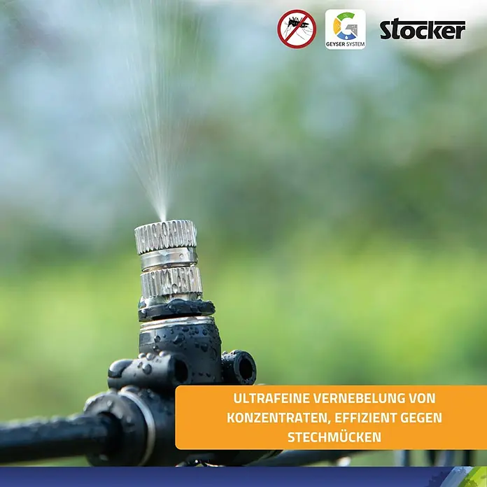 Stocker Geyser Zubehör-Set Kit Pro - Passend für: Stocker Geyser-Vernebler - Bild einer Stocker-Sprühvorrichtung, die feinen Nebel versprüht, ideal zur Bekämpfung von Stechmücken mit Konzentraten.