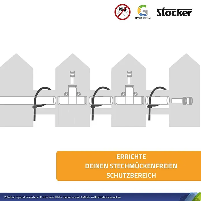 Stocker Geyser Kabelbinder Nebulisator - Schwarz, 10 Stk. - Abbildung des Stocker Stechmückenabwehrsystems, das an einer Zaunstruktur befestigt ist.