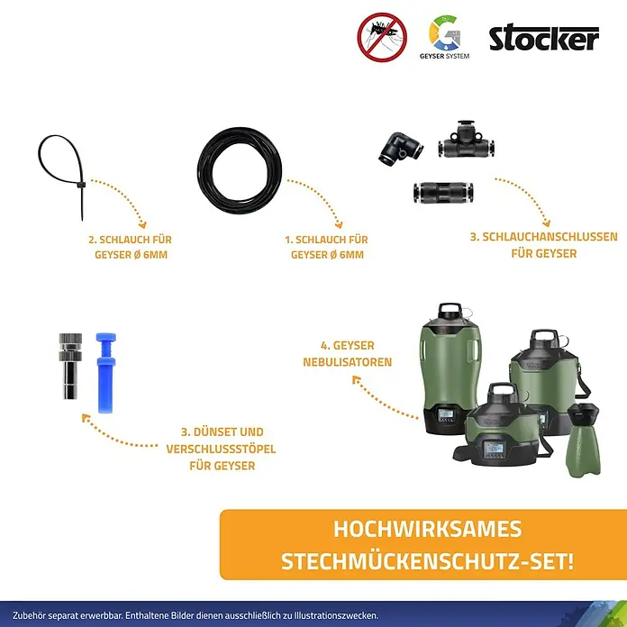 Stocker Geyser Kabelbinder Nebulisator - Schwarz, 10 Stk. - Produktbild des Stocker Stechmückenschutz-Sets mit verschiedenen Komponenten wie Schläuchen, Düsen und Nebulisatoren für Geyser-Systeme.