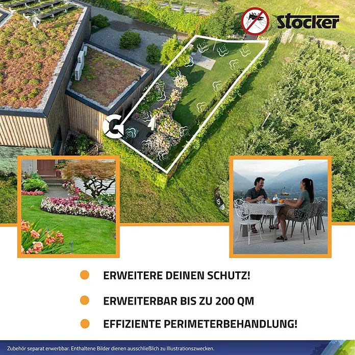 Stocker Geyser Stechmückenschutz Nebulisator - 12 l, 1 Akku - Stocker-Produktbild, das eine grüne Gartenfläche zeigt, die mit einer Umrandung versehen ist, um den Schutz zu erweitern und eine effiziente Perimeterbehandlung zu gewährleisten.