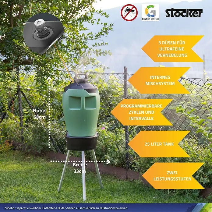 Stocker Geyser Stechmückenschutz Nebulisator - 25 l, Ohne Akku - Das Bild zeigt einen Stocker Geyser System Vernebler, der zur Schädlingsbekämpfung im Außenbereich verwendet wird.