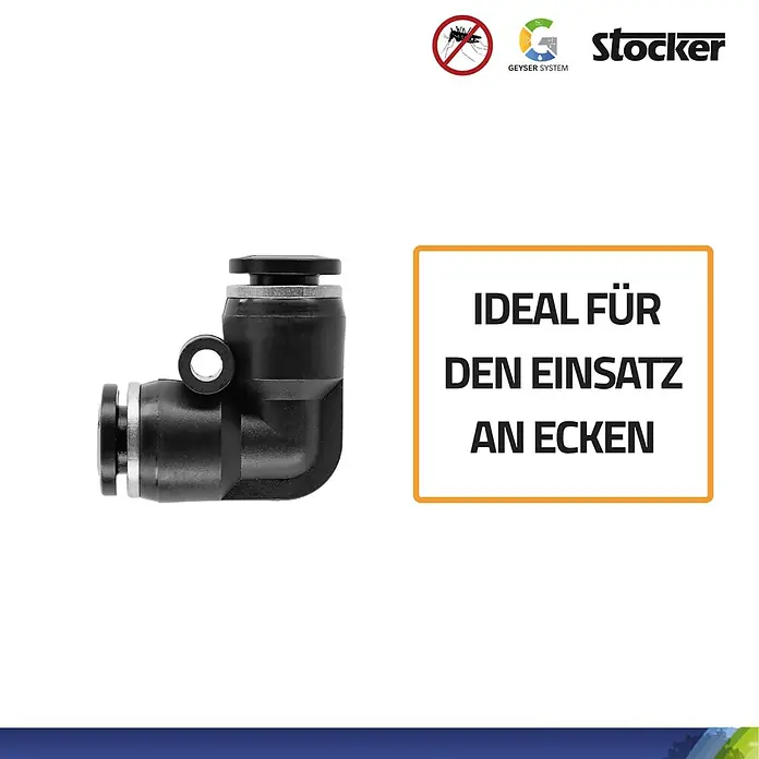 Stocker Geyser L-Stück - 5 Stk., Passend für: Stocker Geyser Nebulisator Systeme - Abbildung einer Stocker-Winkelfitting, ideal für Eckinstallationen, mit zuverlässiger Verbindung für Bewässerungssysteme.