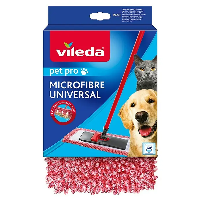Vileda Ersatz-Bezug Style Chenille - Mikrofaser, Viskose, Waschbar bei 60 °C - Vileda Pet Pro Microfaser Universal-Ersatzkopf mit rotem Mopp und Haustierbildern. Ideal für die Tierhaarentfernung.