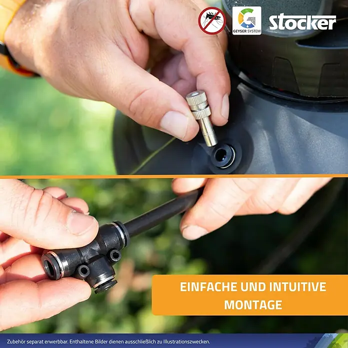 Stocker Geyser Stechmückenschutz Nebulisator - 12 l, 1 Akku - Produktmontage mit der Stocker Geyser System Bewässerung: Einfache Installation der Düse und des Schlauchanschlusses für optimale Leistung.
