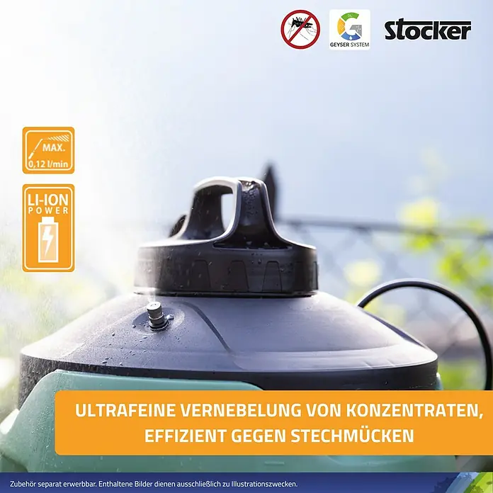 Stocker Geyser Stechmückenschutz Nebulisator - 4 l, 1 Akku - Abbildung eines Stocker-Geräts zur ultrafeinen Vernebelung von Konzentraten, effizient gegen Stechmücken, mit Infos zu Leistung & Durchfluss.