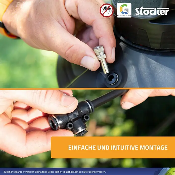 Stocker Geyser Stechmückenschutz Nebulisator - 25 l, Ohne Akku - Detailaufnahme einer Stocker Geyser System Düse, die in eine Vorrichtung eingesetzt wird, um die einfache Montage hervorzuheben.