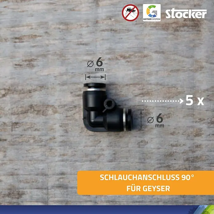 Stocker Geyser L-Stück - 5 Stk., Passend für: Stocker Geyser Nebulisator Systeme - Produktbild eines Stocker Schlauchanschluss 90° für Geysereinsatz, mit 6mm Durchmesser und in fünffacher Ausführung, ideal für Bewässerungssysteme.