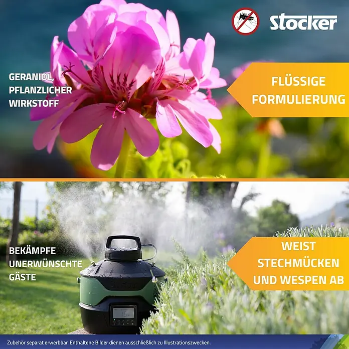 Stocker Geyser Stechmückenschutz Nebuzan - 1.000 ml - Stocker Produktbild: Das Produkt bekämpft unerwünschte Gäste und wehrt Stechmücken und Wespen ab. Flüssige Formulierung mit Geraniol.