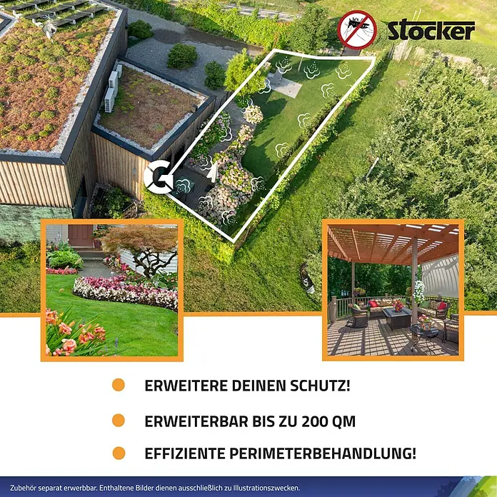 Stocker Geyser Stechmückenschutz Nebulisator - 4 l, 1 Akku - Stocker Produktbild mit Fokus auf erweiterbaren Schutz, bis zu 200 qm effiziente Perimeterbehandlung.