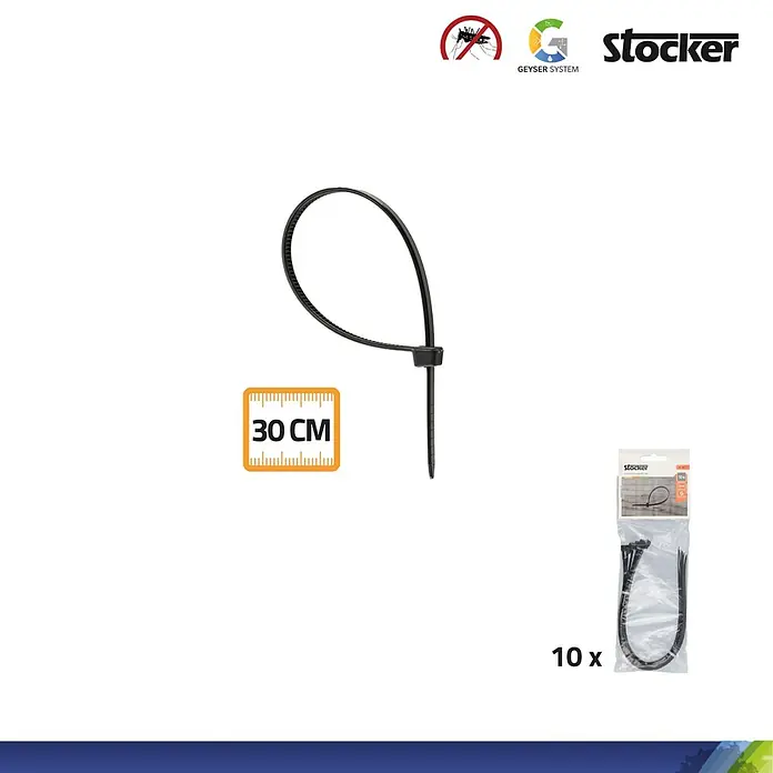 Stocker Geyser Kabelbinder Nebulisator - Schwarz, 10 Stk. - Bild einer schwarzen 30 cm Stocker Kabelbinder Packung mit 10 Stück, ideal für vielseitige Befestigungen im Garten und Haushalt.