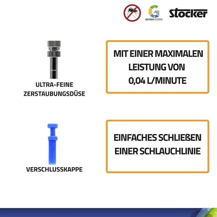 Stocker Geyser Düsen-Set - Passend für: Stocker Geyser Nebulisator - Produktbild mit einer ultrafeinen Zerstäubungsdüse, Verschlusskappe und Informationen zur Leistung und zum Schliessen einer Schlauchlinie.