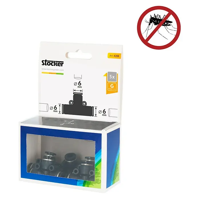 Stocker Geyser T-Stück - 5 Stk., Passend für: Stocker Geyser Nebulisator Systeme - Eine Packung Stocker T-Stück Verbinder mit 6 mm Durchmesser, ideal für Bewässerungssysteme und andere Anwendungen im Garten.