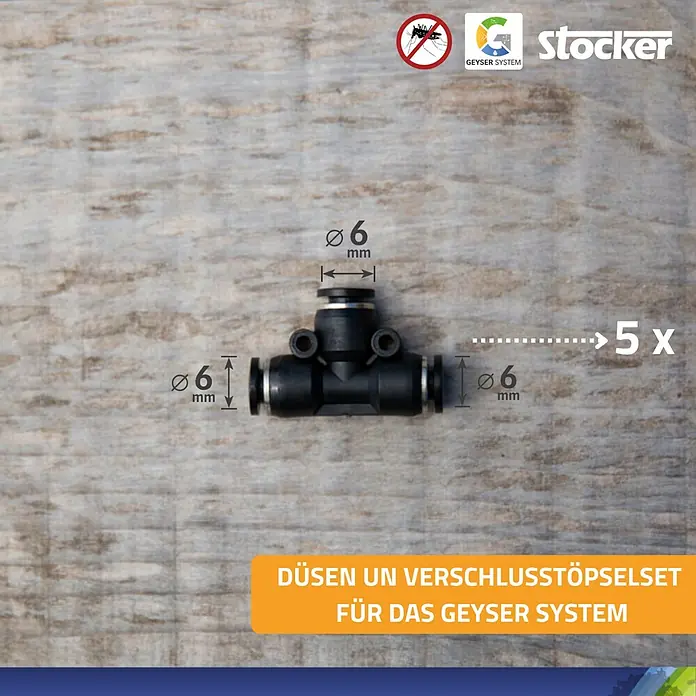 Stocker Geyser T-Stück - 5 Stk., Passend für: Stocker Geyser Nebulisator Systeme - Düseneinsatz für das Geysir-System mit den Maßen Ø6 mm, ideal für präzise Bewässerung.