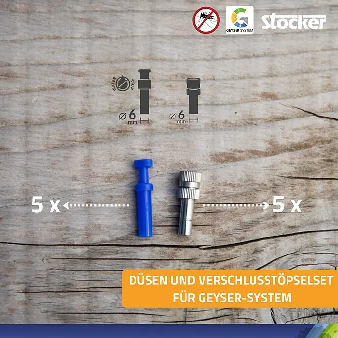 Stocker Geyser Düsen-Set - Passend für: Stocker Geyser Nebulisator - Düsenset: Enthält 5 blaue Düsen und 5 silberne Verschlussstopfen für Geysir-Systeme, ideal für präzise Bewässerung.