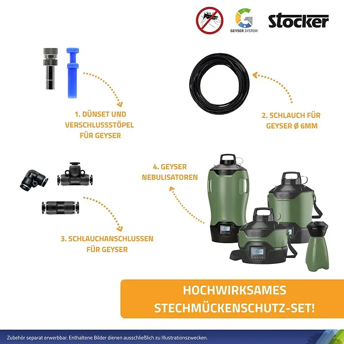 Stocker Geyser Düsen-Set - Passend für: Stocker Geyser Nebulisator - Stocker Hochwirksames Stechmückenschutz-Set mit Düsen, Schlauch, Schlauchanschlüssen und Geyser Verneblern für effektiven Mückenschutz.