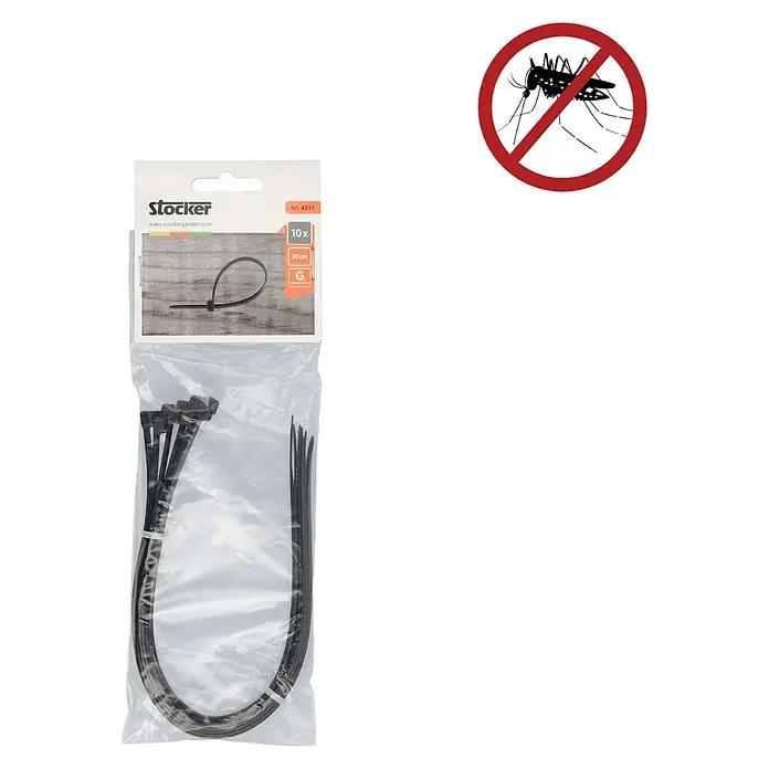 Stocker Geyser Kabelbinder Nebulisator - Schwarz, 10 Stk. - Eine Packung schwarze Stocker-Kabelbinder, ideal zum Fixieren von Pflanzen im Garten oder für andere Befestigungszwecke.