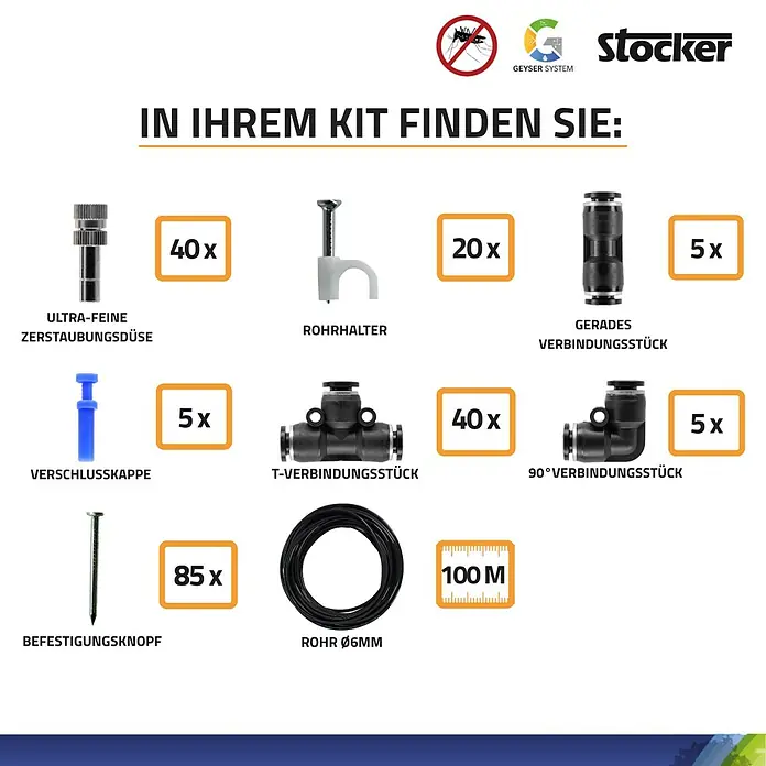 Stocker Geyser Zubehör-Set Kit Pro - Passend für: Stocker Geyser-Vernebler - Das Bild zeigt die Komponenten des Geyser System Kits, inklusive Düsen, Verbinder und Rohr, die für eine effiziente Bewässerung und Kühlung sorgen.