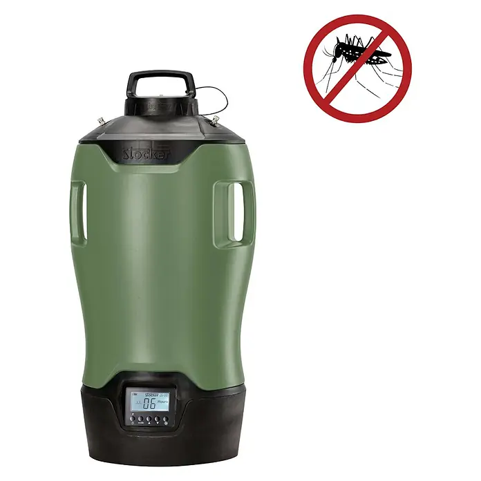 Stocker Geyser Stechmückenschutz Nebulisator - 25 l, Ohne Akku - Grüner "Stocker"-Futterautomat mit digitaler Anzeige und einem Symbol für "keine Mücken".