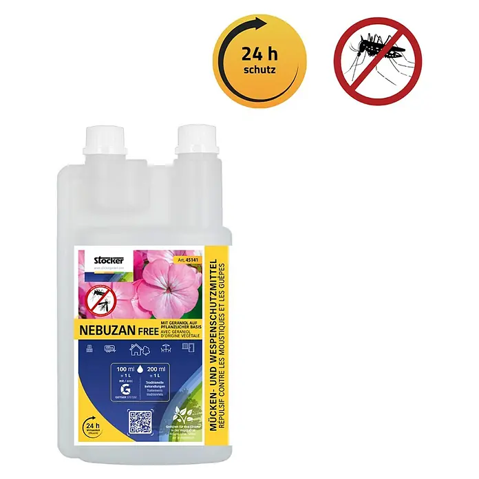 Stocker Geyser Stechmückenschutz Nebuzan - 1.000 ml - Abbildung einer Flasche Nebuzan Free Mücken- und Wespenschutzmittel mit 24h Schutz und pflanzlicher Basis.
