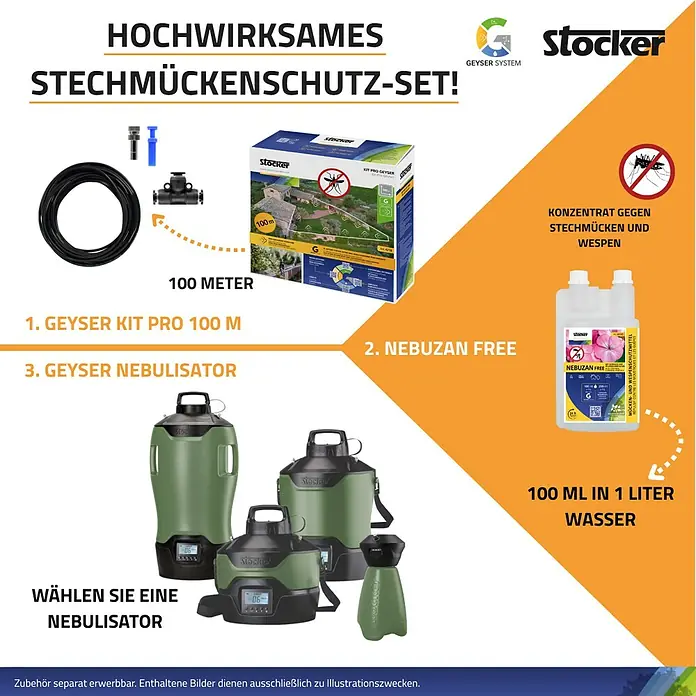Stocker Geyser Zubehör-Set Kit Pro - Passend für: Stocker Geyser-Vernebler - Hochwirksames Stechmückenschutz-Set mit Geyser Kit Pro, Nebuzan Free und Geyser Nebulisator zur Mückenbekämpfung.