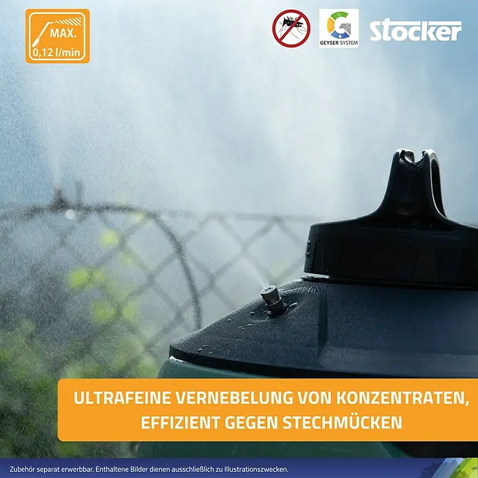 Stocker Geyser Stechmückenschutz Nebulisator - 12 l, 1 Akku - Das Bild zeigt eine Stocker Vernebelungsanlage, die eine ultrafeine Vernebelung zur Stechmückenbekämpfung erzeugt.