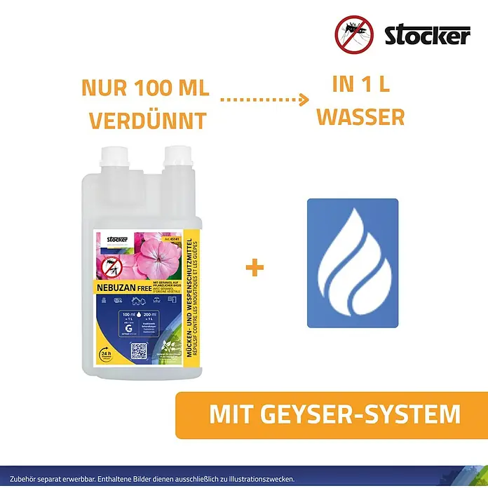 Stocker Geyser Stechmückenschutz Nebuzan - 1.000 ml - Produktbild: Nebuzan Free Mücken- und Wespenschutzmittel, verdünnt in Wasser, zur Anwendung mit Geyser-System für effektiven Schutz.