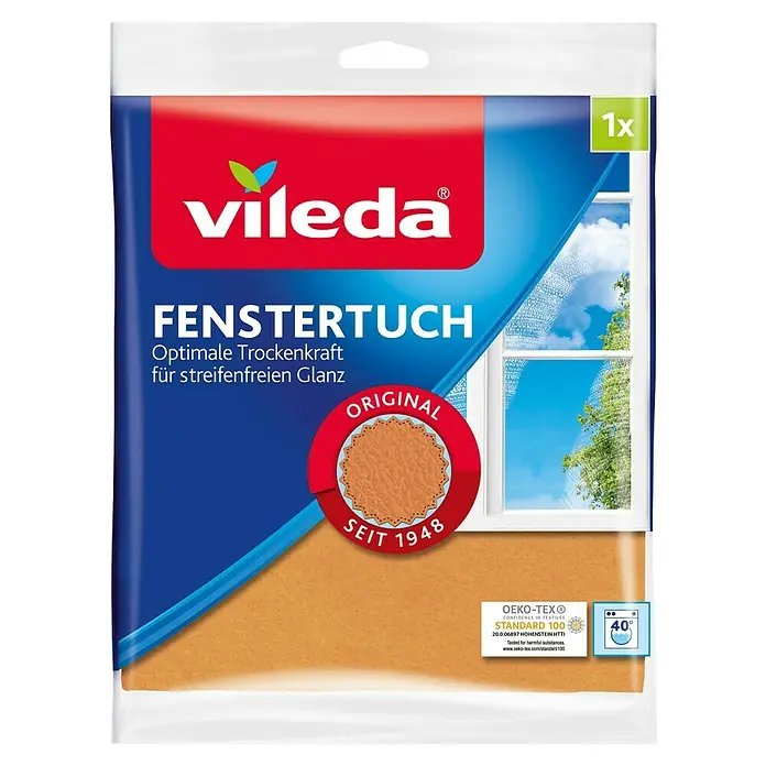 Vileda Original Fenstertuch - 40 x 36 cm, Mikrofaser - Produktbild eines Vileda Fenstertuchs für streifenfreien Glanz, Original seit 1948, mit Öko-Tex Standard 100 Zertifikat und Waschhinweis.