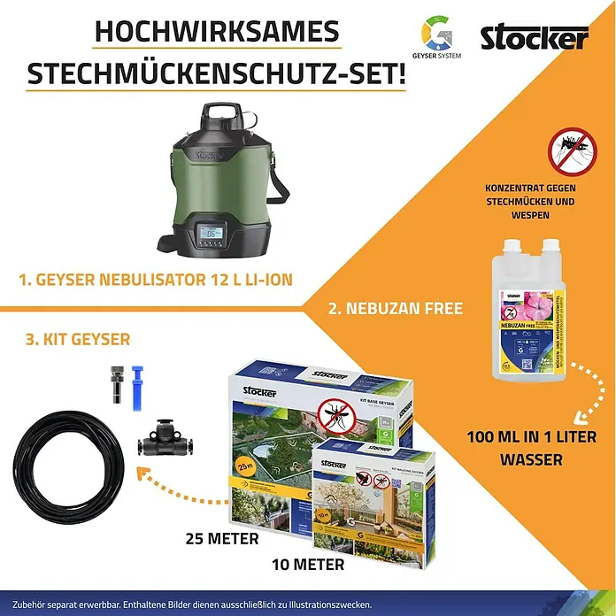 Stocker Geyser Stechmückenschutz Nebulisator - 12 l, 1 Akku - Hochwirksames Stechmückenschutz-Set! Umfassendes Set zum Schutz vor Mücken, bestehend aus Vernebler, Konzentrat und Zubehör für den Außenbereich.