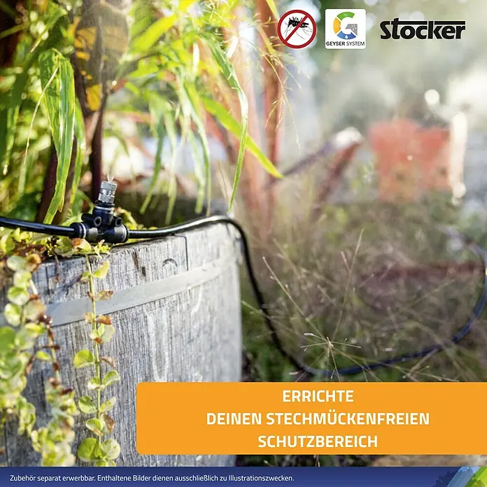Stocker Geyser Schlauchleitung - 10 m, Passend für: Stocker Geyser Nebulisator - Bild einer Stocker-Stechmückenabwehranlage im Garten.