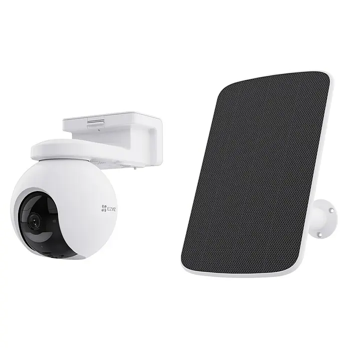EZVIZ Cámara de vigilancia con panel solar EB8 - Blanco, Ángulo de detección: 360 °, Alcance de detección: 15 m - La imagen muestra una cámara de seguridad EZVIZ blanca con un panel solar, que ofrece una solución de vigilancia ecológica.