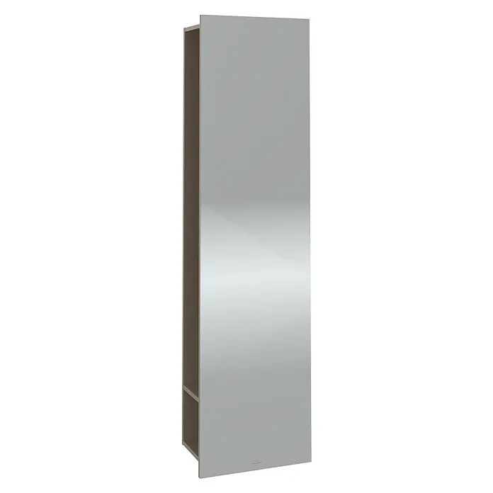 Villeroy & Boch Subway 3.0 Spiegelschrank - B x H: 45 x 170 cm, Taupe, Mit Regal rechts - Ein schlanker, grauer Hochschrank mit einer glänzenden Oberfläche und einem offenen Fach unten, ideal für moderne Badezimmer.