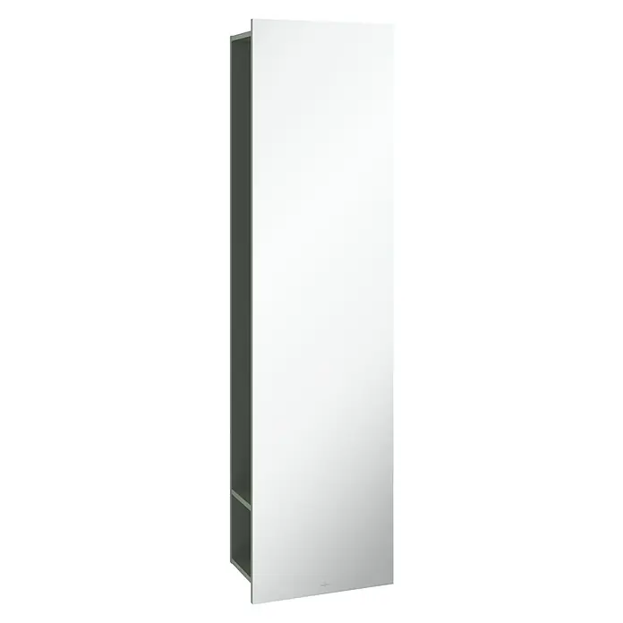 Villeroy & Boch Subway 3.0 Spiegelschrank - B x H: 45 x 170 cm, Soft Green, Mit Regal rechts - Ein schlanker, hochformatiger Spiegelschrank in Weiß, ideal für Badezimmer. Das minimalistische Design bietet Stauraum und eine saubere Ästhetik.
