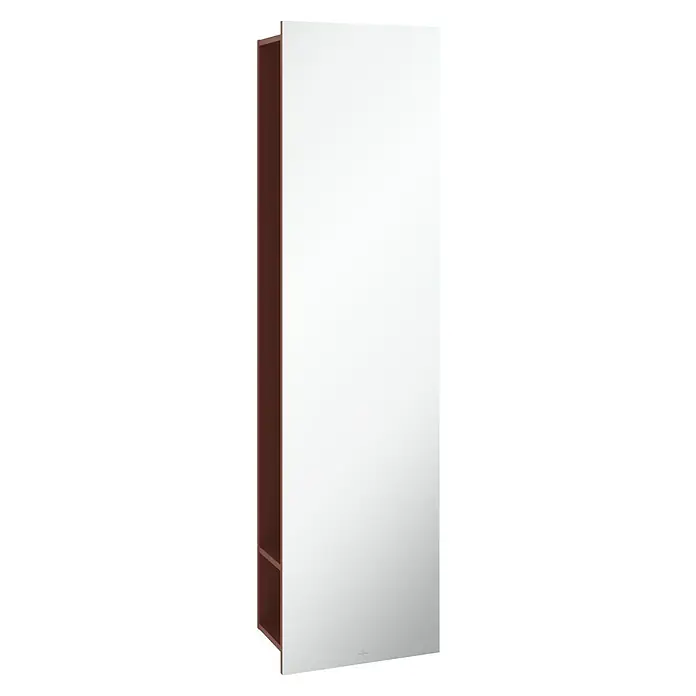 Villeroy & Boch Subway 3.0 Spiegelschrank - B x H: 45 x 170 cm, Wine Red, Mit Regal rechts - Ein hochformatiger Spiegelschrank mit braunem Rahmen und einer großen Spiegelfläche. Perfekt für stilvolle Badezimmer.