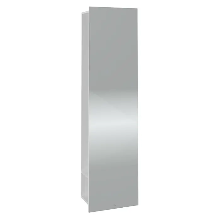 Villeroy & Boch Subway 3.0 Spiegelschrank - B x H: 45 x 170 cm, Brilliant White, Mit Regal rechts - Das Bild zeigt einen Badezimmerschrank in Silber. Der Fokus liegt auf dem schlichten Design und der eleganten Optik des Möbels.
