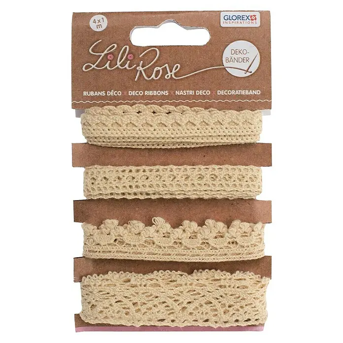 Glorex Bastelband Deko-Bänder - Spitzen-Beige-Mix, 100 cm - Packung mit vier verschiedenen Häkelspitzenbordüren "Lili Rose" zum Verzieren von Textilien und Papierprojekten.