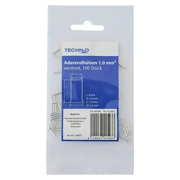 Voltomat Aderendhülse - Silber, 100 Stk. - Eine Packung Aderendhülsen 1,0 mm² verzinnt, 100 Stück von TECHNID, ideal für Elektroinstallationen und sichere Verbindungen.