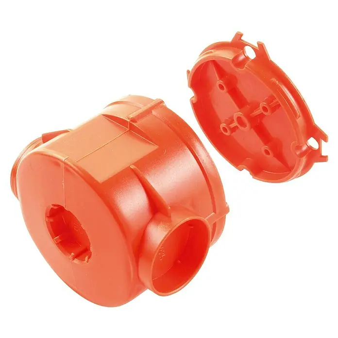 Dietzel Univolt Schalterdose SDH Beton - Durchmesser: 60 mm, Mit Deckel, Orange - Ein oranges Leerdosen-Set, bestehend aus einem runden Gehäuse und einem separaten Deckel, ideal für Elektroinstallationen.