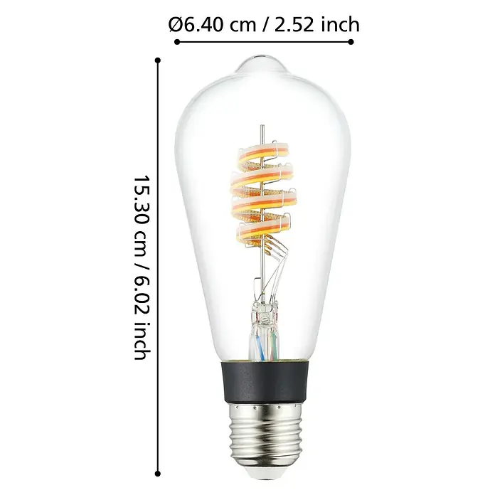 Eglo connect.z Smart-LED-Lampe - E27, Dimmbar, RGBW, 5 W, 400 lm, ST64, 1 Stk. - Produktbild einer dekorativen LED-Glühbirne mit Filament, Abmessungen sind angezeigt.