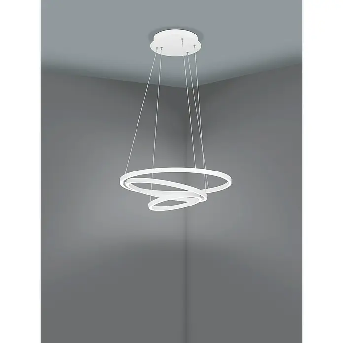 Eglo connect.z LED-Pendelleuchte Lobinero-Z - Ø x H: 58 x 110 cm, 43,2 W, Weiß, Neutralweiß - Moderne LED-Hängeleuchte mit drei ineinander verschlungenen Ringen aus weißem Material, hängt an dünnen Seilen von einer runden Deckenhalterung.