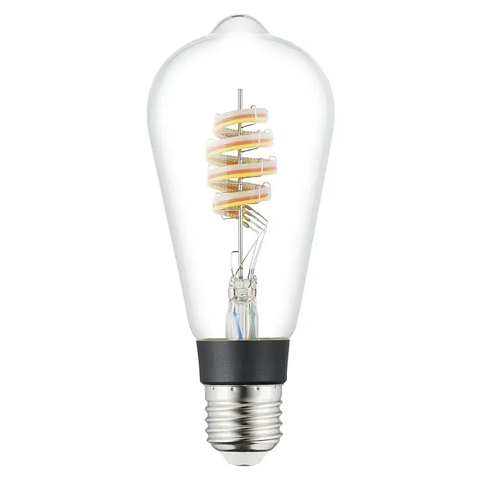 Eglo connect.z Smart-LED-Lampe - E27, Dimmbar, RGBW, 5 W, 400 lm, ST64, 1 Stk. - Eine spiralförmige LED-Lampe mit einem klaren Glaskörper und einem Metallsockel, die ein warmes, einladendes Licht ausstrahlt.