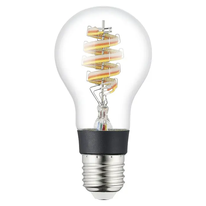Eglo connect.z Smart-LED-Lampe - E27, Dimmbar, RGBW, 5 W, 400 lm, A60, 1 Stk. - Nahaufnahme einer LED-Glühbirne mit spiralförmigem Filament und E27-Sockel auf schwarzem Hintergrund.
