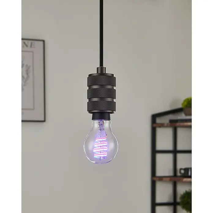 Eglo connect.z Smart-LED-Lampe - E27, Dimmbar, RGBW, 5 W, 400 lm, A60, 1 Stk. - Nahaufnahme einer hängenden Lampe mit dekorativer Glühbirne und industriellem Lampenschirm.