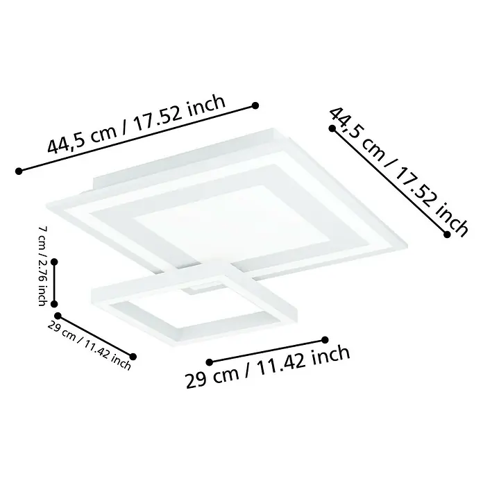 Eglo connect.z LED-Deckenleuchte Savatarila-Z - 2,7 W, L x B x H: 45 x 45 x 7 cm, Weiß, RGBW - Detailaufnahme einer LED-Deckenleuchte mit quadratischem Design und Maßangaben in Zentimetern und Zoll.