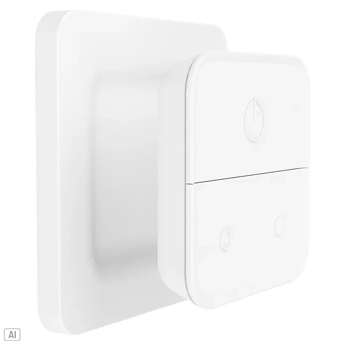 Eglo connect.z Funk-Wandschalter - L x B x H: 80 x 80 x 20 mm - Nahaufnahme eines weißen Smart Home-Schalters mit runder Einschalttaste und zwei kleineren Tasten.