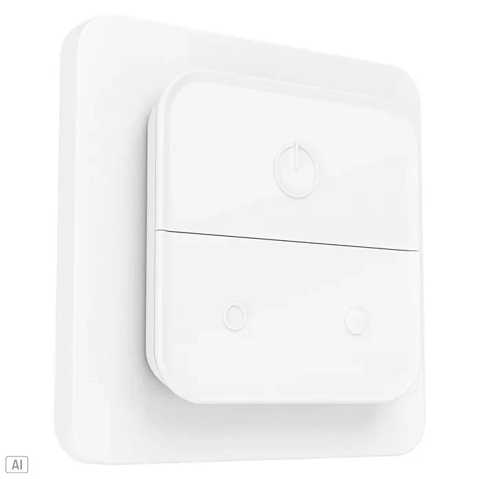 Eglo connect.z Funk-Wandschalter - L x B x H: 80 x 80 x 20 mm - Nahaufnahme eines weißen, intelligenten Lichtschalters mit drei Tasten. Das moderne Design passt gut in jedes Zuhause.