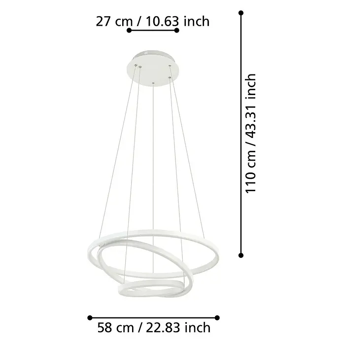 Eglo connect.z LED-Pendelleuchte Lobinero-Z - Ø x H: 58 x 110 cm, 43,2 W, Weiß, Neutralweiß - Abmessungen der modernen, weißen LED-Pendelleuchte mit geschwungenem Design und Angaben zu Durchmesser und Höhe.